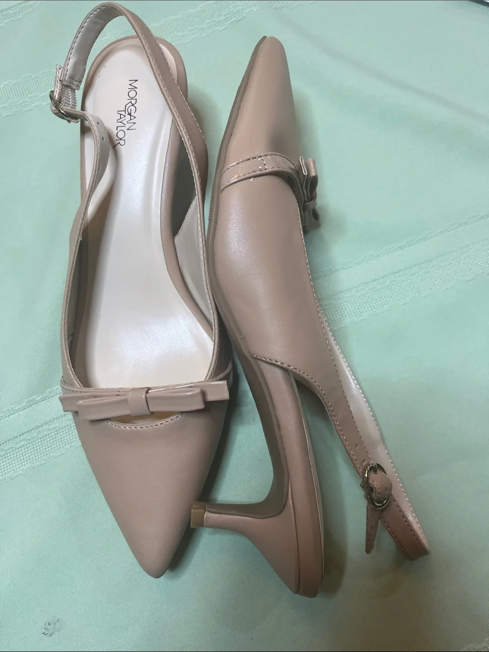 Morgan Taylor Blush Nude Pointed-Toe Slingback Flats with Bow